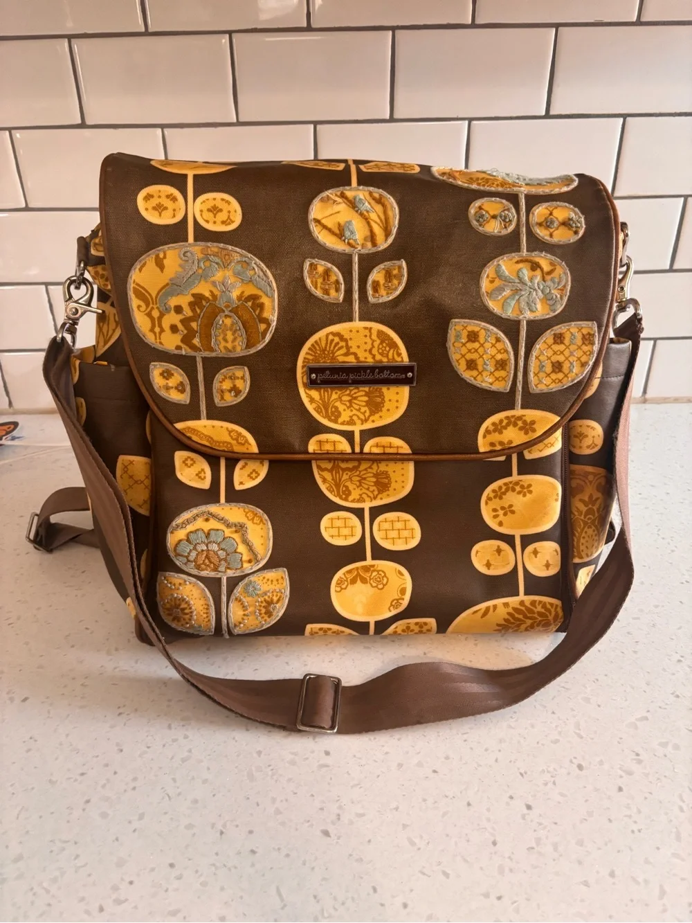 Petunia Pickle Bottom Brown & Yellow Floral Messenger Diaper Bag